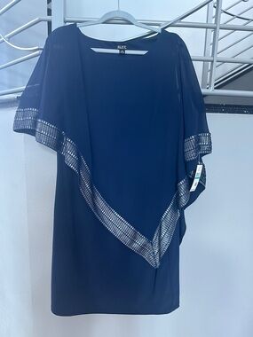 SLNY Navy Dress with Silver Metallic Trim Size 16 NWT